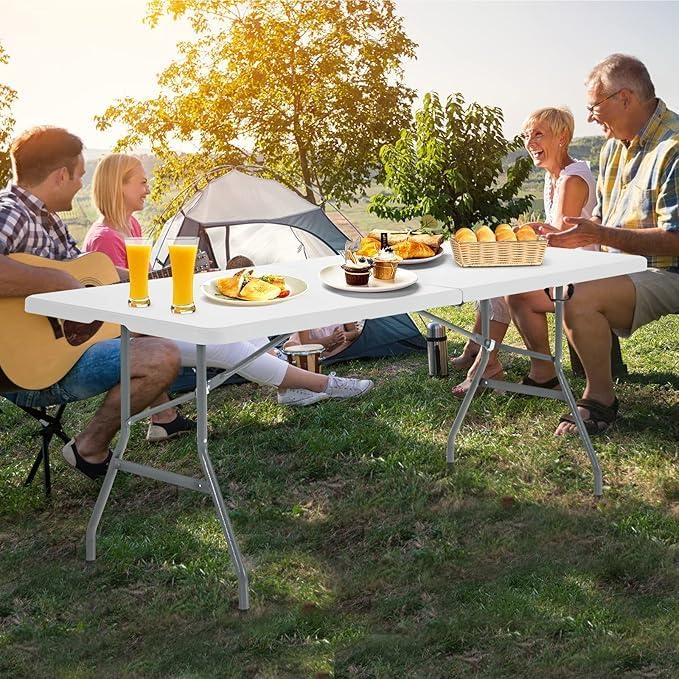 6ft Portable Folding Table Heavy Duty – White Plastic Picnic Party Table with Handle for Camping, Backyard BBQ, Vendor Events, Christmas Use