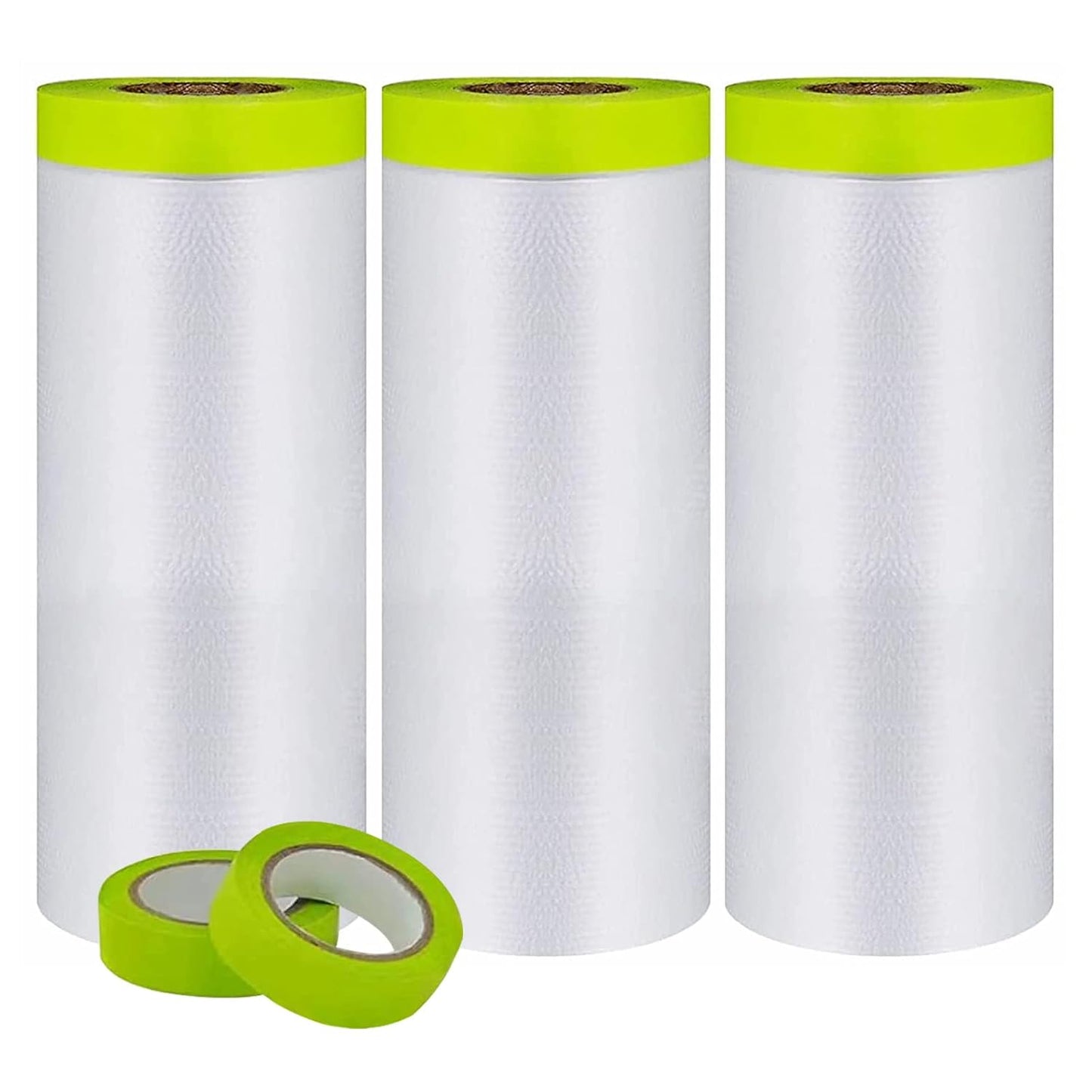 Pre-Taped Masking Film-55inx65ft Tape and Drape Painters Paper Rolls, Plastic Painting Film for Automotive Painting Covering （Masking Film:3rolls,Tape:2rolls）