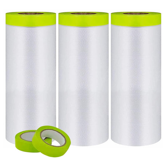 Pre-Taped Masking Film-55inx65ft Tape and Drape Painters Paper Rolls, Plastic Painting Film for Automotive Painting Covering （Masking Film:3rolls,Tape:2rolls）