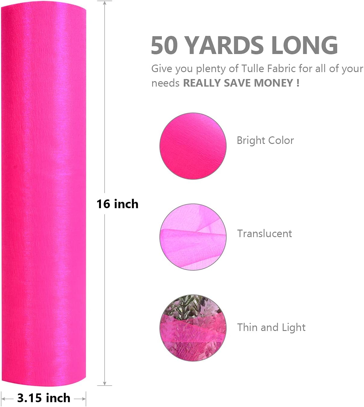 Crystal Organza Fabric Tulle - 16" by 50 Yards Sheer Fabric for Wedding Party Decoration Bridal Shower Tutu Roll Netting Spool Ribbon Wrapping (Dark Pink)