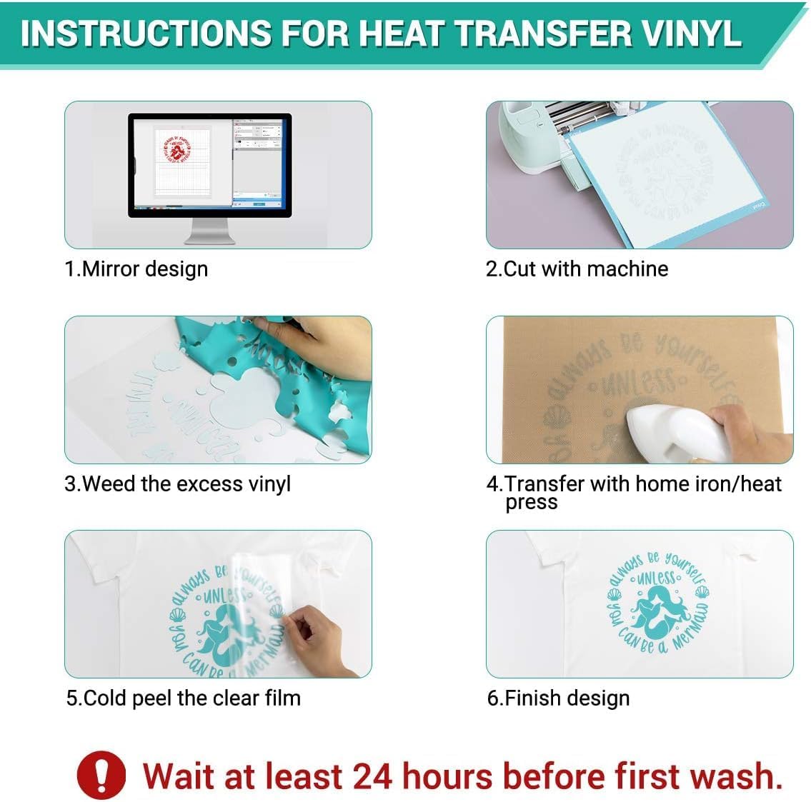 HTVRONT Heat Transfer Vinyl Bundle: 24 Pack 12"x12" Iron on Vinyl Sheets for T-Shirt, 21 Assorted Colors HTV Vinyl with 1 PTFE Sheet & Weeding Hooks