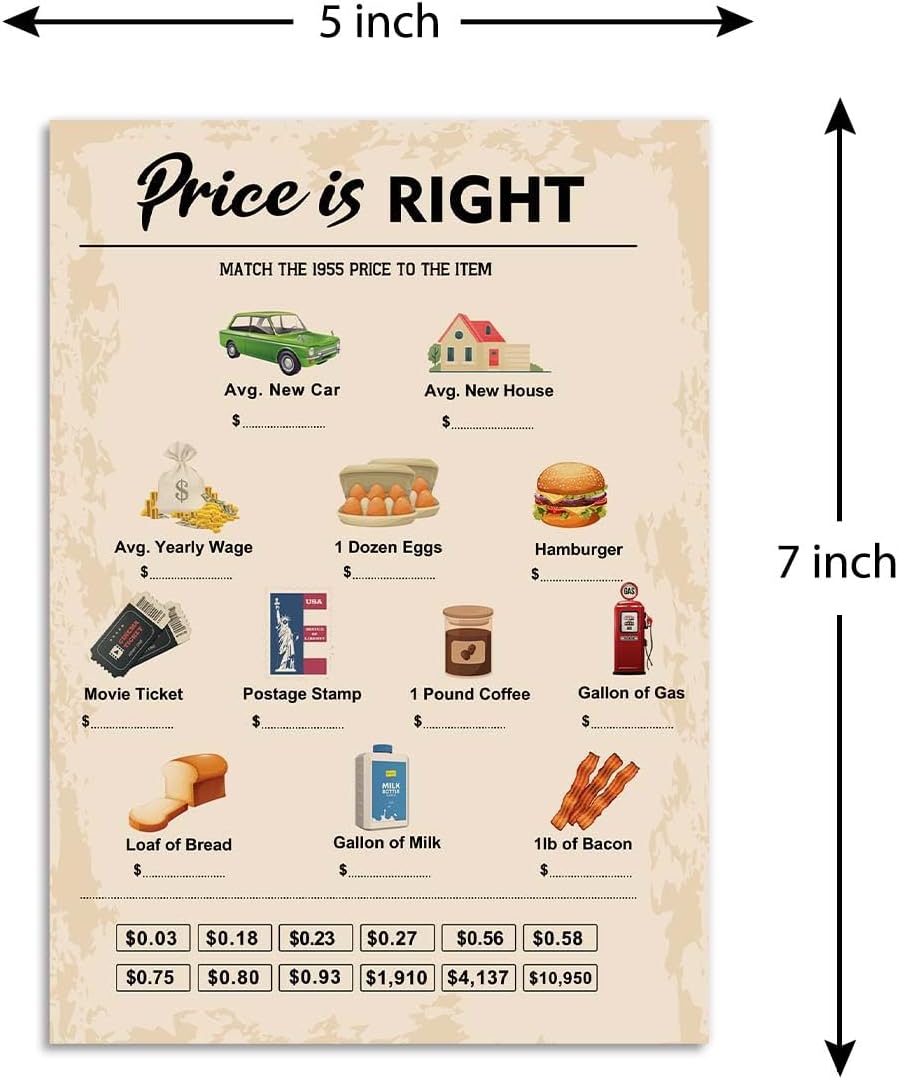 70th Birthday Party Games, Price is Right Games, Birthday Party Supplies for Adults, Fun 1955s Party Game，Pack of 30 Cards