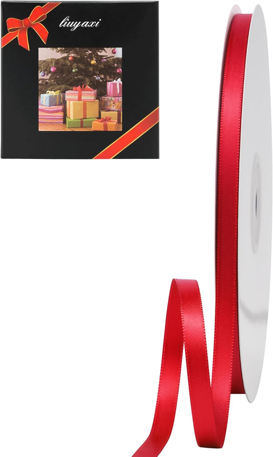 LIUYAXI Hot Red Double Faced Satin Ribbon, 1/4" X Continuous 50 Yards, Thin Ribbons Perfect for Gift Wrapping Wedding Invitation Card Hair Bows Tag Floral Arrangement DIY Craft