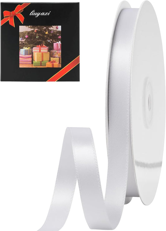 LIUYAXI White Stain Ribbon, 5/8" X Continuous 50 Yards, Double Faced Fabric Ribbon Perfect for Gift Wrapping Wedding Birthday Party Christmas Hair Floral Craft Baby Shower