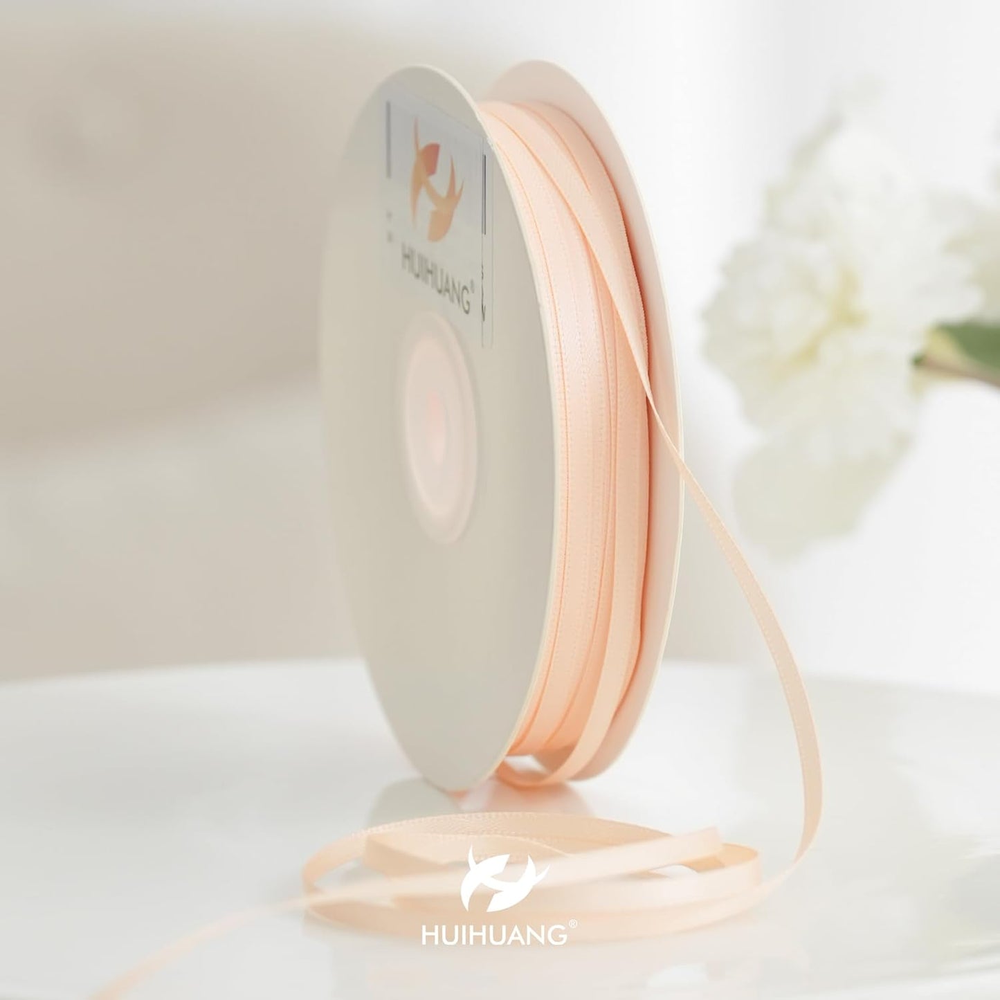 HUIHUANG Thin Satin Ribbon 1/8 inch x Continuous 100 Yards Roll Double Face Peach Satin Ribbon for Crafts, Gift Wrapping, DIY Bows, Invitation Card, Tag Decoration, Ornaments Decor