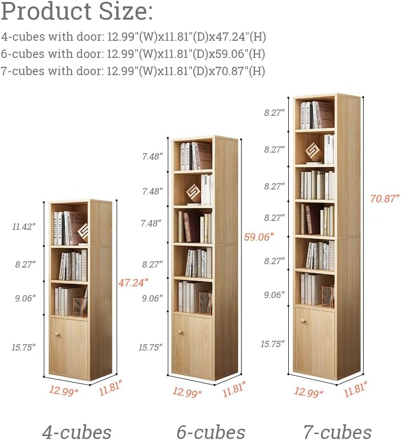 IOTXY Small Narrow Corner Bookcase - 71 Inches Tall Gap Freestanding Storage Cabinet, 7 Lattices Open Shelves Tower Rack with Door, Cubes Bookshelf in Oak