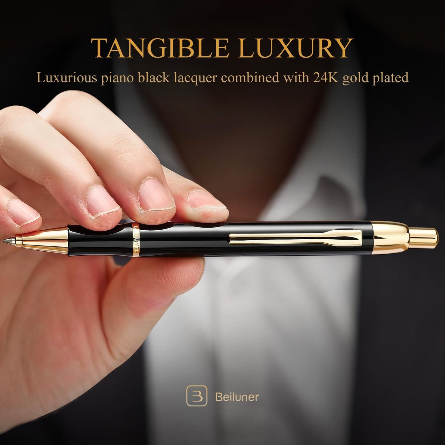 BEILUNER Luxury Gel Pen with 24K Gold Electroplating Finish, Black Piano Lacquer, Luxury Grade Craftsmanship, Best Gel Pen Gift Set for Men and Women