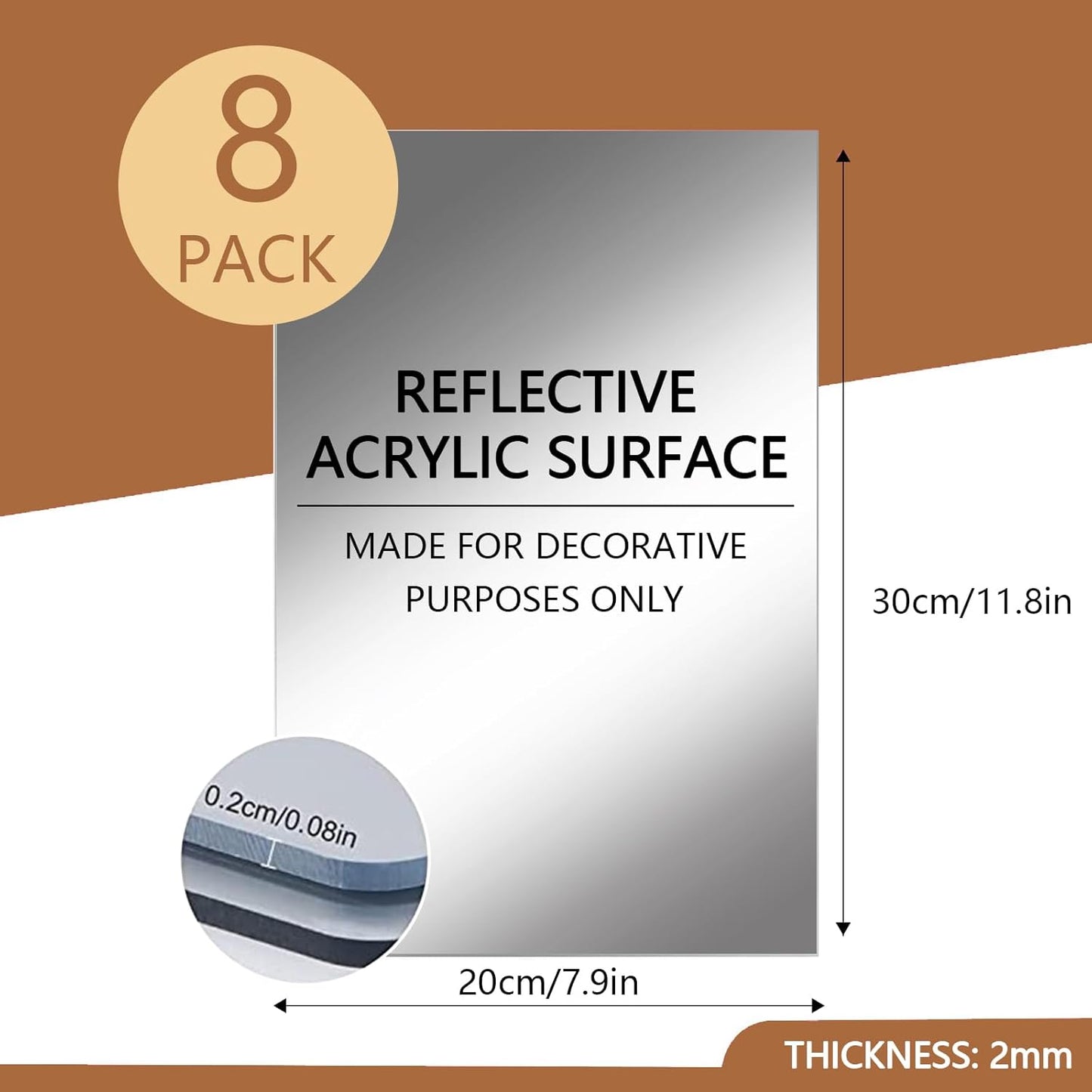 8PCS Self-Adhesive Acrylic Mirror Tiles, Flexible Wall Stickers, Frameless Non-Glass Mirror Stickers, 20 * 30cm, 2mm