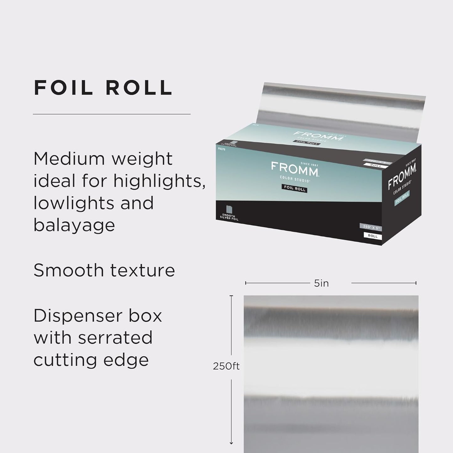 Fromm Color Studio Silver Aluminum Foil Roll for Hair Highlighting and Coloring, 5" x 250 Feet, Cut to Any Length, Hair Stylist Essentials