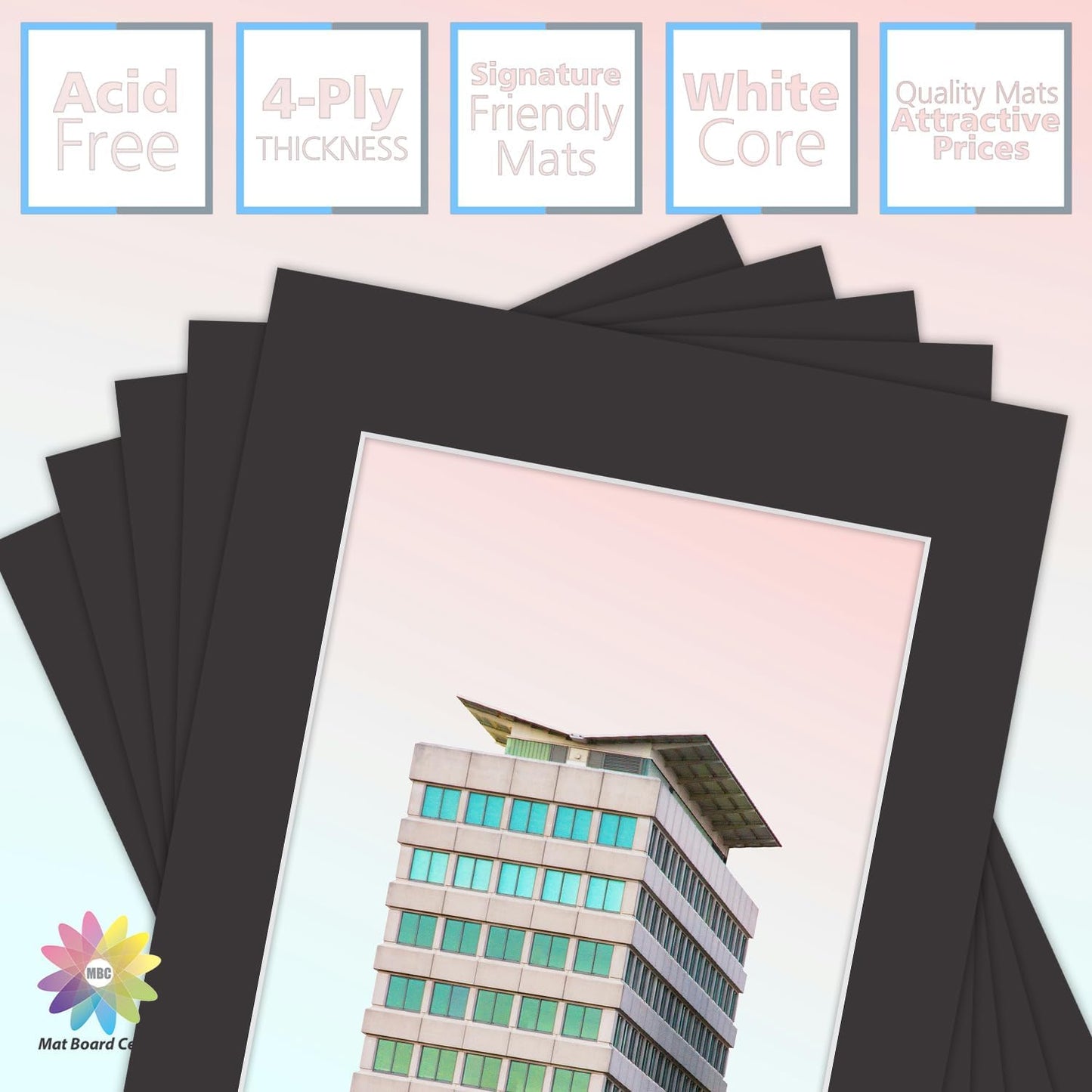 MBC Mat Board Center, 5 Pack 12x16 for 9x12 Black Picture Mats Frame Mattes, Bevel Cut, Acid Free, 4-ply Thickness