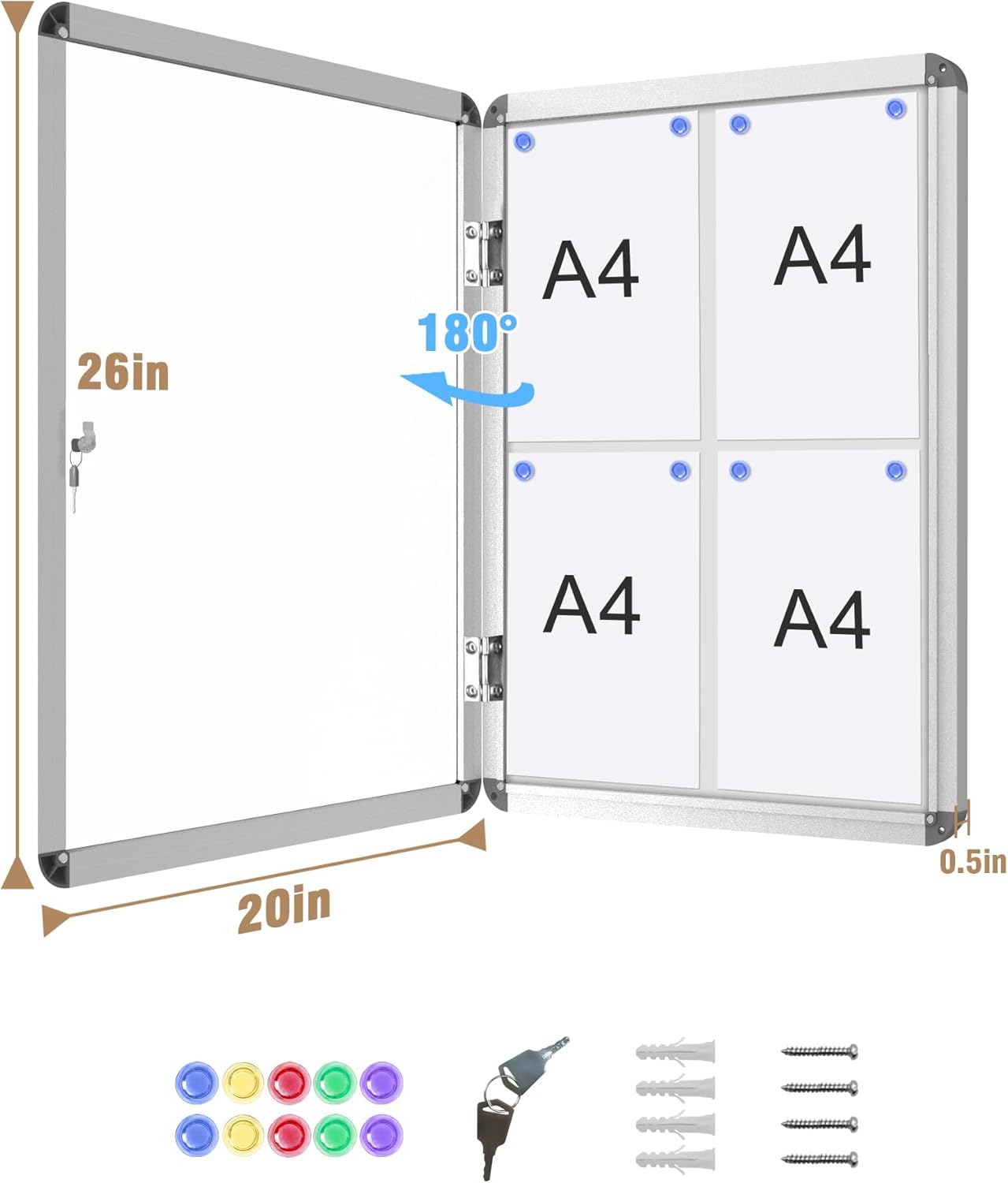 26"x20" Enclosed Bulletin Board, Lockable Weather-Resistant Aluminum Noticeboard for School & Office, Silver Frame w/Magentic Whiteboard