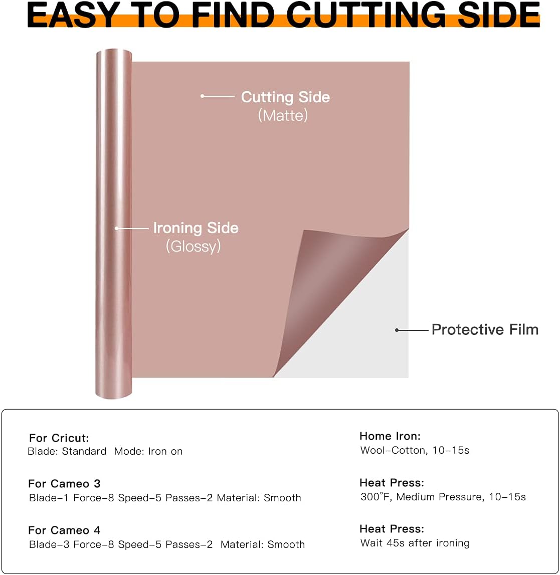 HTVRONT HTV Vinyl Rolls Heat Transfer Vinyl - 12" x 8ft Rose Gold HTV Vinyl for Shirts, Iron on Vinyl for All Cutting Machine - Easy to Cut & Weed for Heat Vinyl Design (Rose Gold)