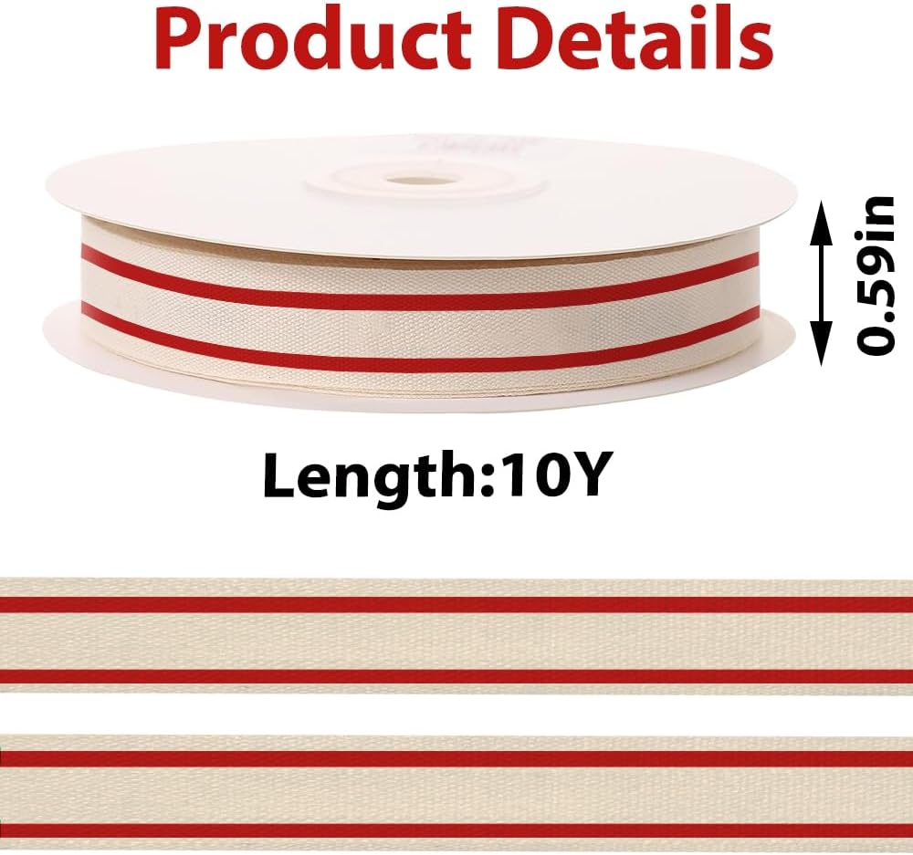 10 Yards × 3/5 Inch Red Natural Cotton Ribbon, Double Sided Webbing Straps Ribbons, Birthday Wedding Valentines Ribbons for Crafting, DIY Sewing, Gift Wrapping