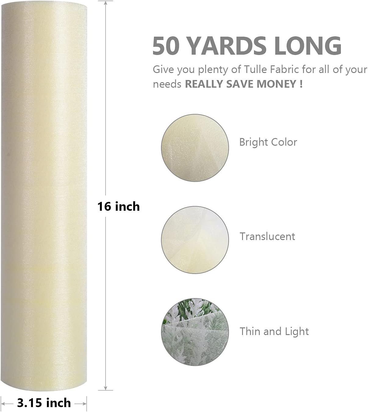 Crystal Organza Fabric Tulle - 16" by 50 Yards Sheer Fabric for Wedding Party Decoration Bridal Shower Tutu Roll Netting Spool Ribbon Wrapping (Ivory)