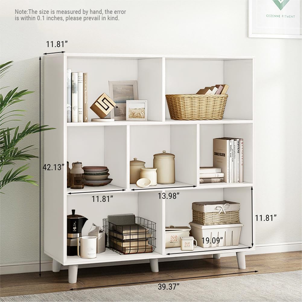 IOTXY Open Cube Low Bookcase - 3-Tier Freestanding Storage Display Cabinet Organizer with Legs for Home Office, 7-Cubes Open Shelf Short Bookshelf, White