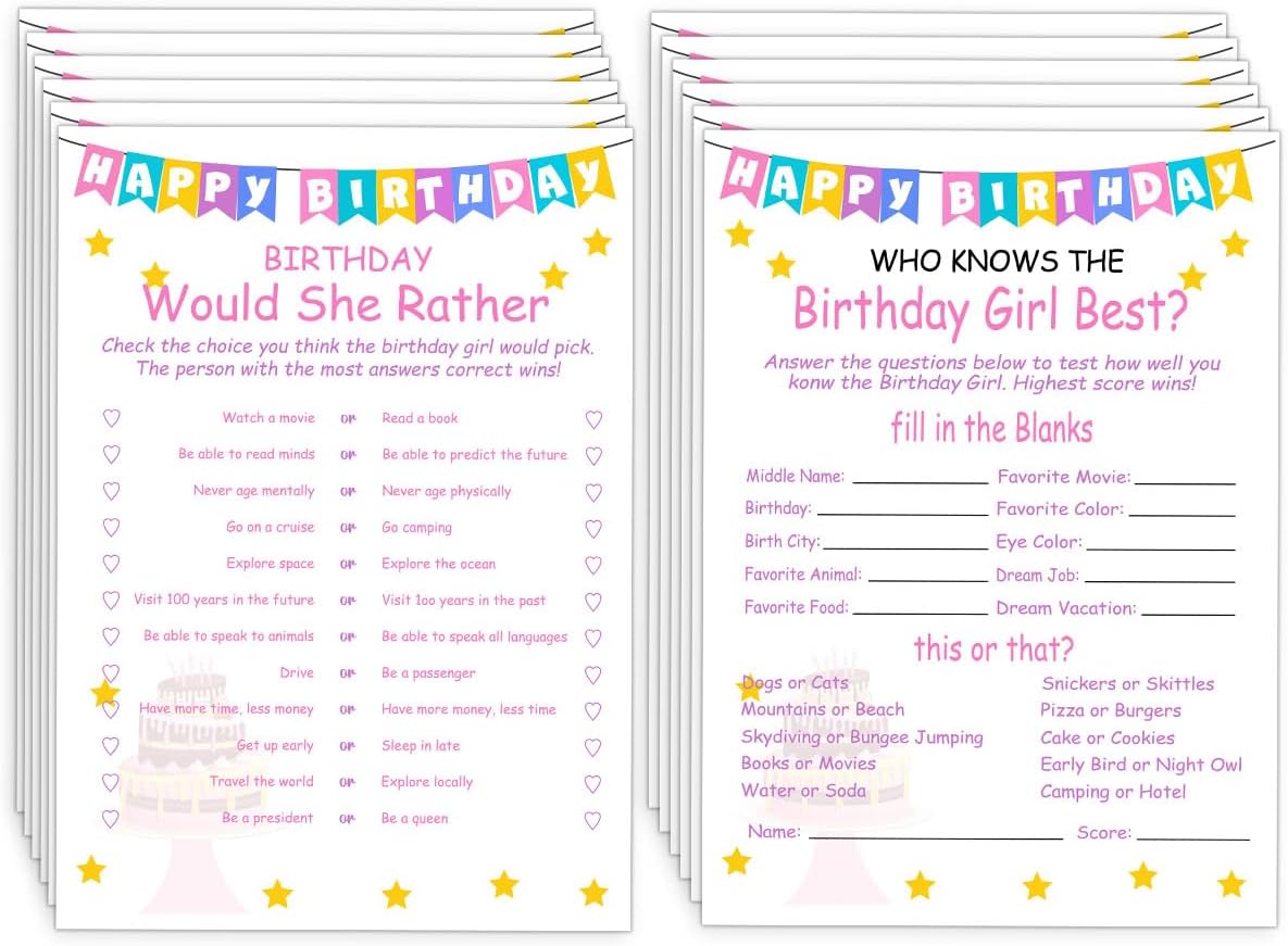 Birthday Party Games Set for Girls- 20 Birthday Double Sided Games Cards Set- Girls Birthday Party Activity Notebook Themed Party Activity and Idea - Girl Birthday Party Supplies, Decorations