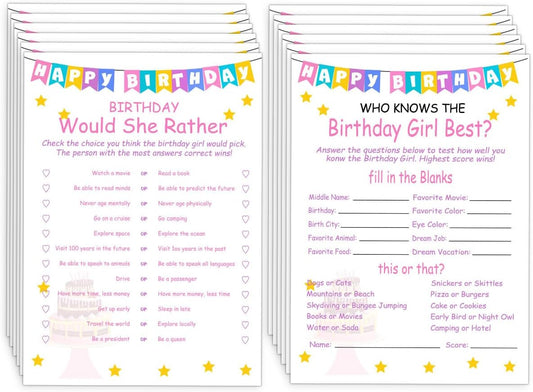 Birthday Party Games Set for Girls- 20 Birthday Double Sided Games Cards Set- Girls Birthday Party Activity Notebook Themed Party Activity and Idea - Girl Birthday Party Supplies, Decorations