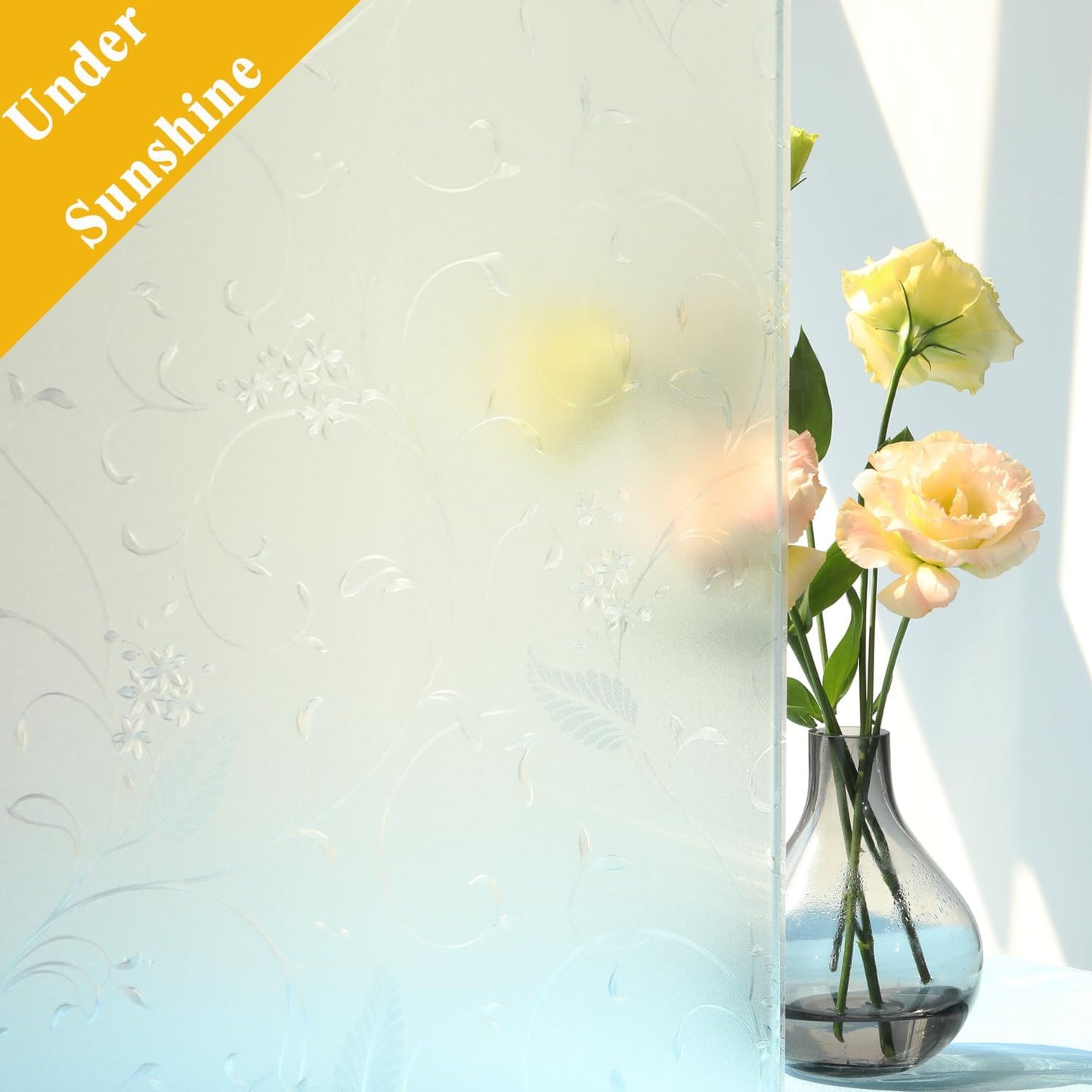 Mikomer Privacy Window Film Etched Flowers Static Cling Glass Door Film, Non Adhesive Heat Control Anti UV Window Cling for Office and Home Decoration,35 inches by 118 inches