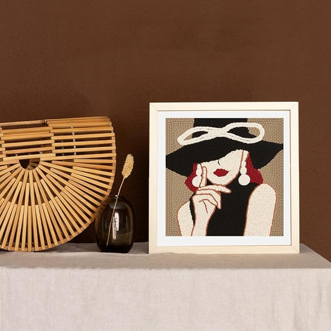Doodlream Elegant Lady DIY Punch Needle Embroidery Kit for Adult Beginner, 9.4" Woman Wearing Hat Punch Stitching Craft Set for Starter with Frame, Fabric Pattern, Threader, Yarn, Pinch Needle