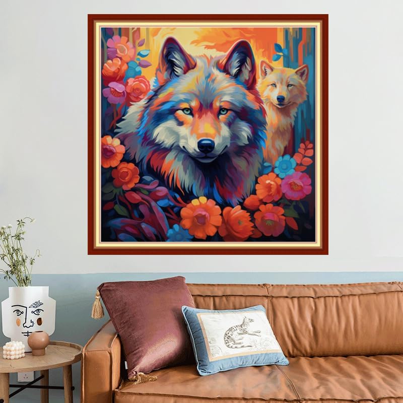 Joyhoor Stamped Cross Stitch Kits for Beginners, Needlepoint Kits for Adults, 11CT Counted Embroidery Kits-Rainbow Wolf 18x18 inchs