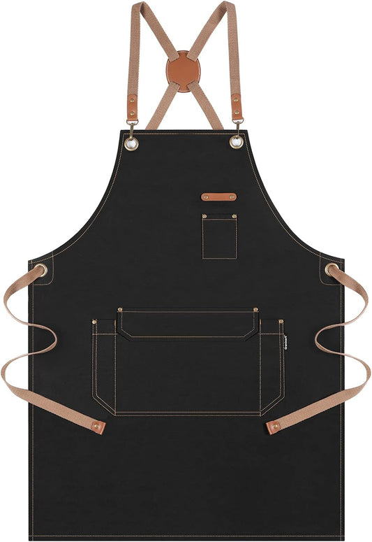 Genixart Chef Apron for Men Women with Gift Box Pack, Cross Back Apron with Pockets for Kitchen Cooking Baking Artist Painting, Cotton Canvas Work Aprons for Shop, Garden, Restaurant, Cafe (Black)