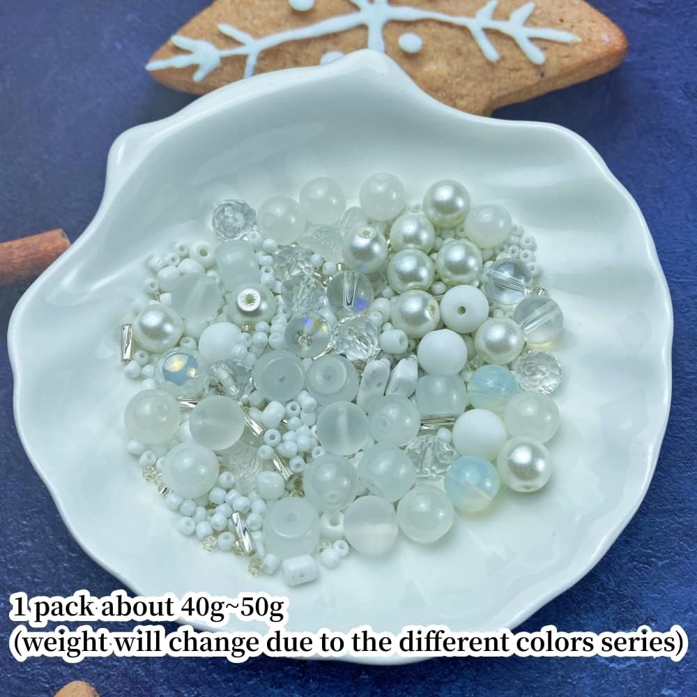 Assorted Glass Resin Beads Multi Size Colors Smooth Cracked Gravel Millet Spacer Beads for Bracelets Necklace Earring DIY Jewelry Making Craft (White Series)