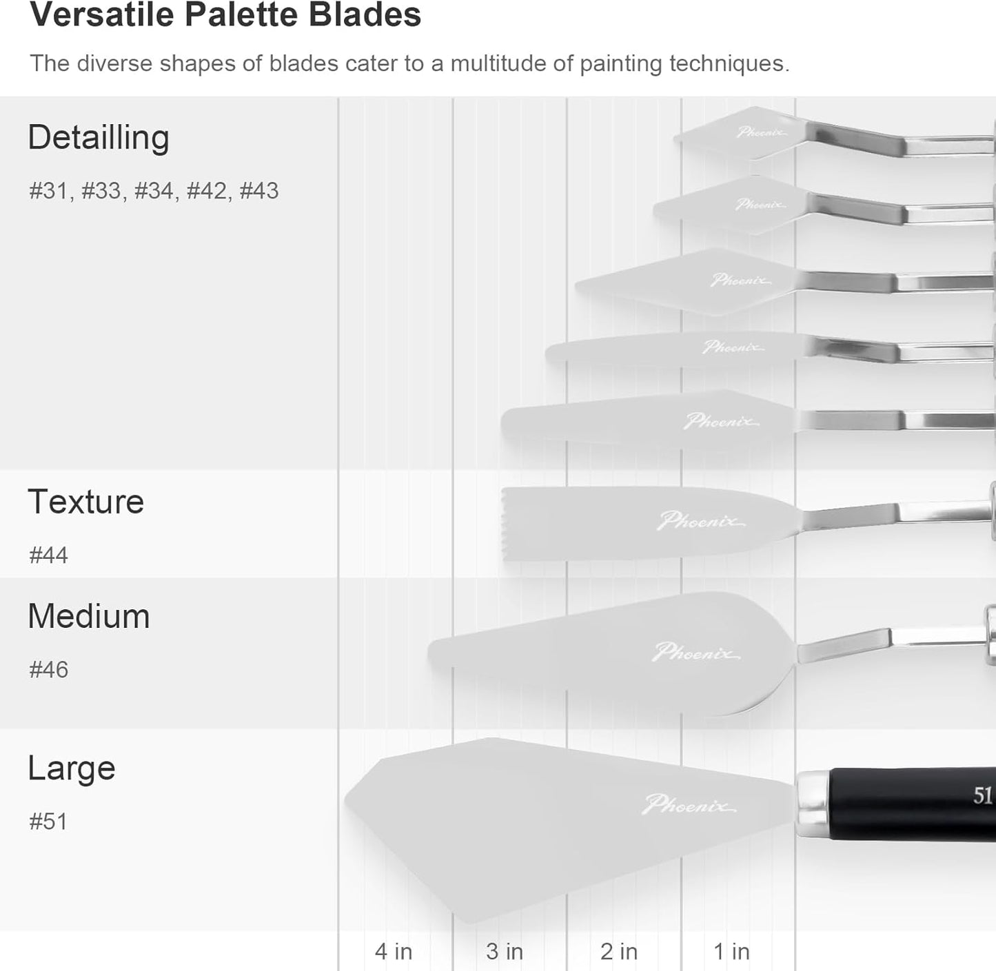 PHOENIX High Flexible Palette Knife Set, 8 Pieces Stainless Steel Painting Knives (31,33,34,42,43,44,46,51) Art Knife with Wood Handle, Paint Spatula for Oil Acrylic Paint