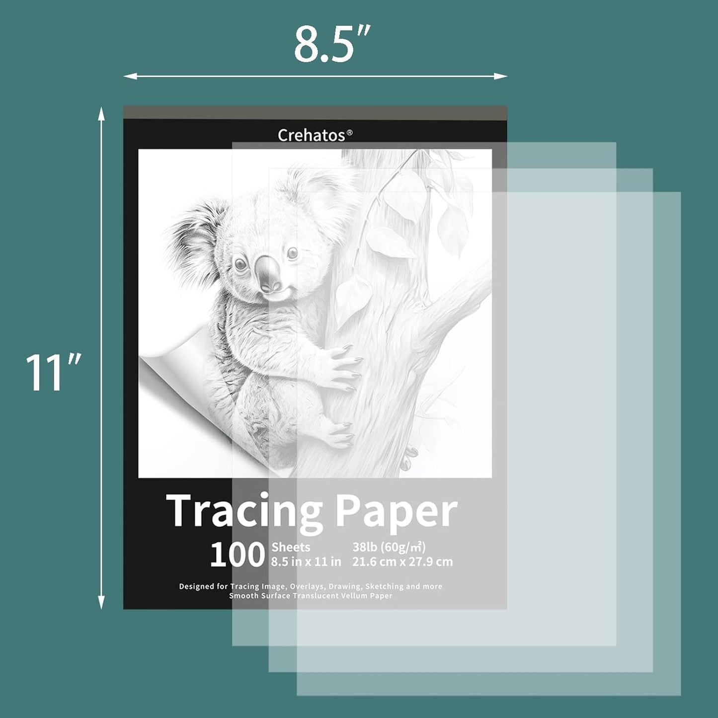 Crehatos 8.5" x 11" Tracing Paper, Translucent Tracing Pad, 100 Sheets 38lb/60gsm Vellum Art Paper