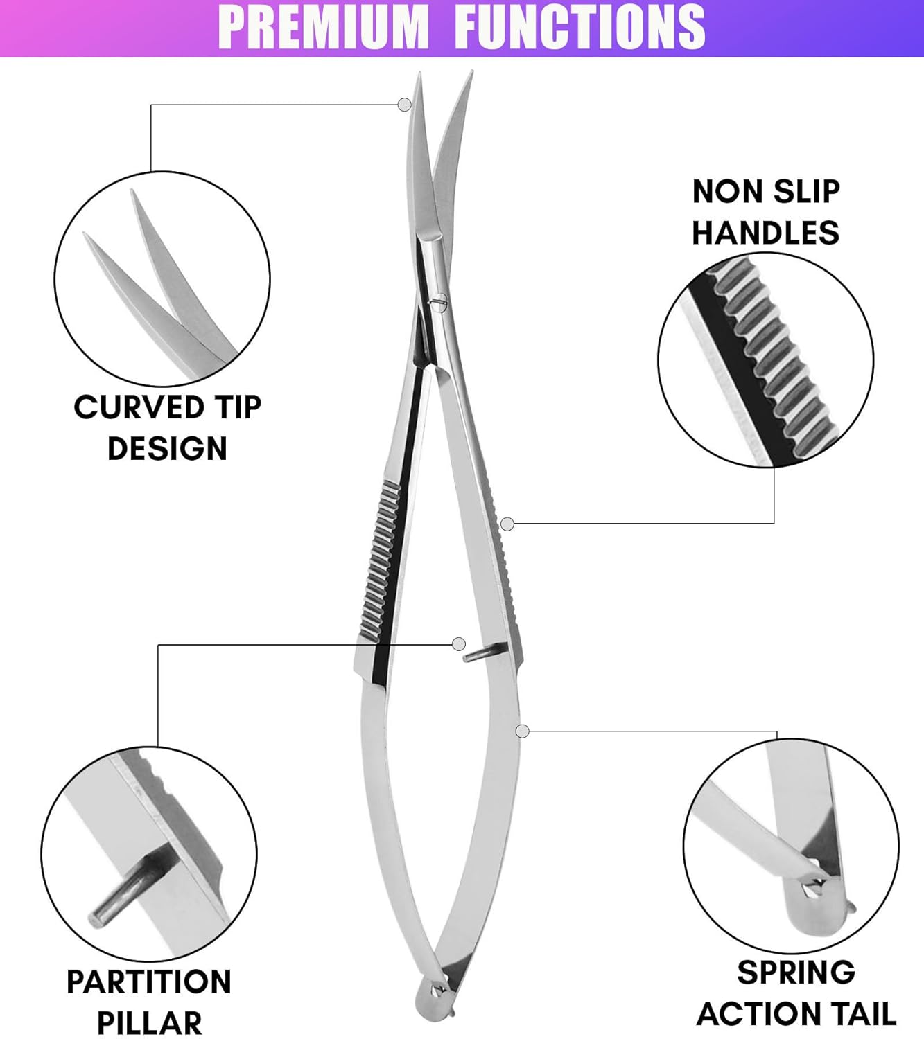 Cross Edge Curved Spring Scissors 5 Inch Stainless Steel Precision Eyebrow & Eyelash Shaping & Trimming Scissor, Snips Squeeze, Embroidery, Knitting Micro Tip Craft Scissors (Silver)