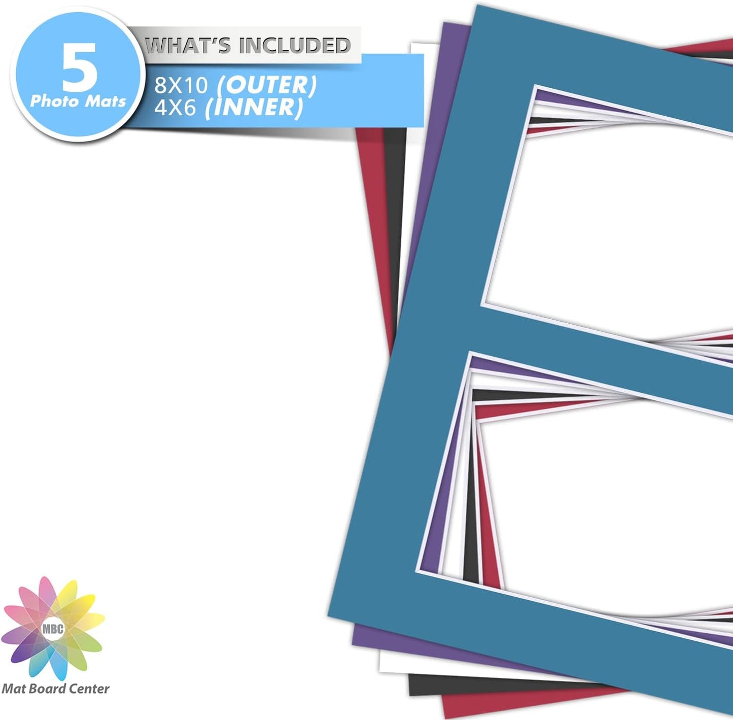 Mat Board Center, Pack of 5, Photo Picture Mats - Acid Free, 4-Ply Thickness, White Core - for Pictures, Photos, Framing (8x10 for 2-4x6 Mixed Color)