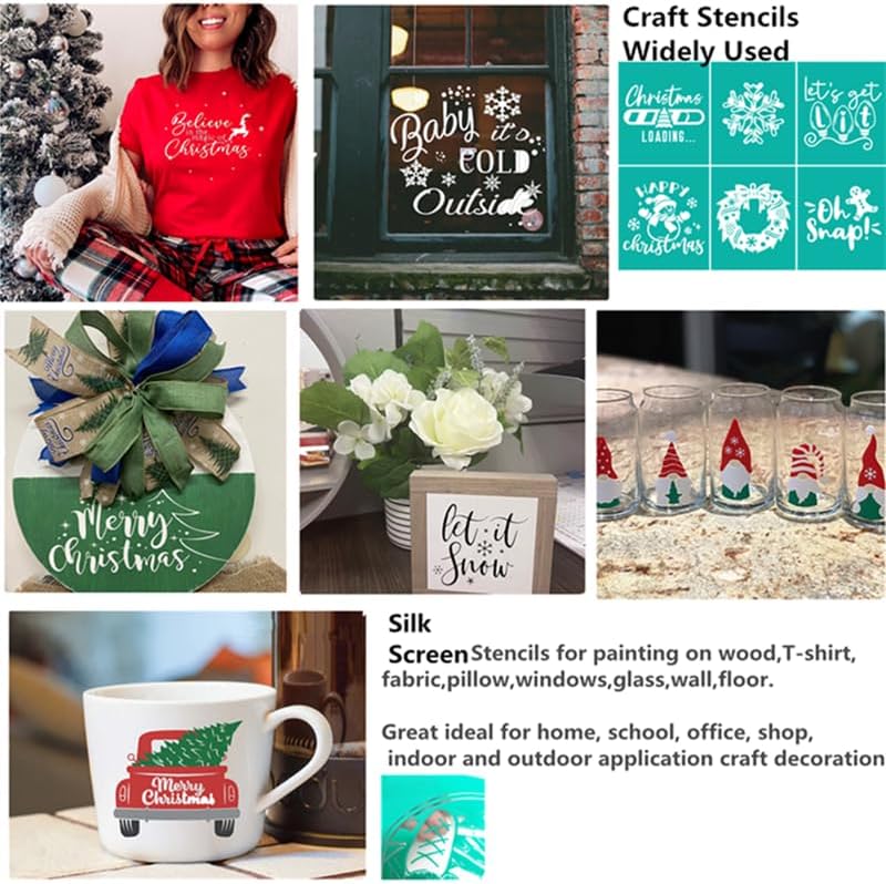 JAJADO Holy Night Silk Screen Transfers Christmas Bless Self Adhesive Silk Screen Stencils Joy Xmas Screen Print Stencil for Painting on Wood, T-Shirt, Mug, DIY Holiday Xmas Home Decor