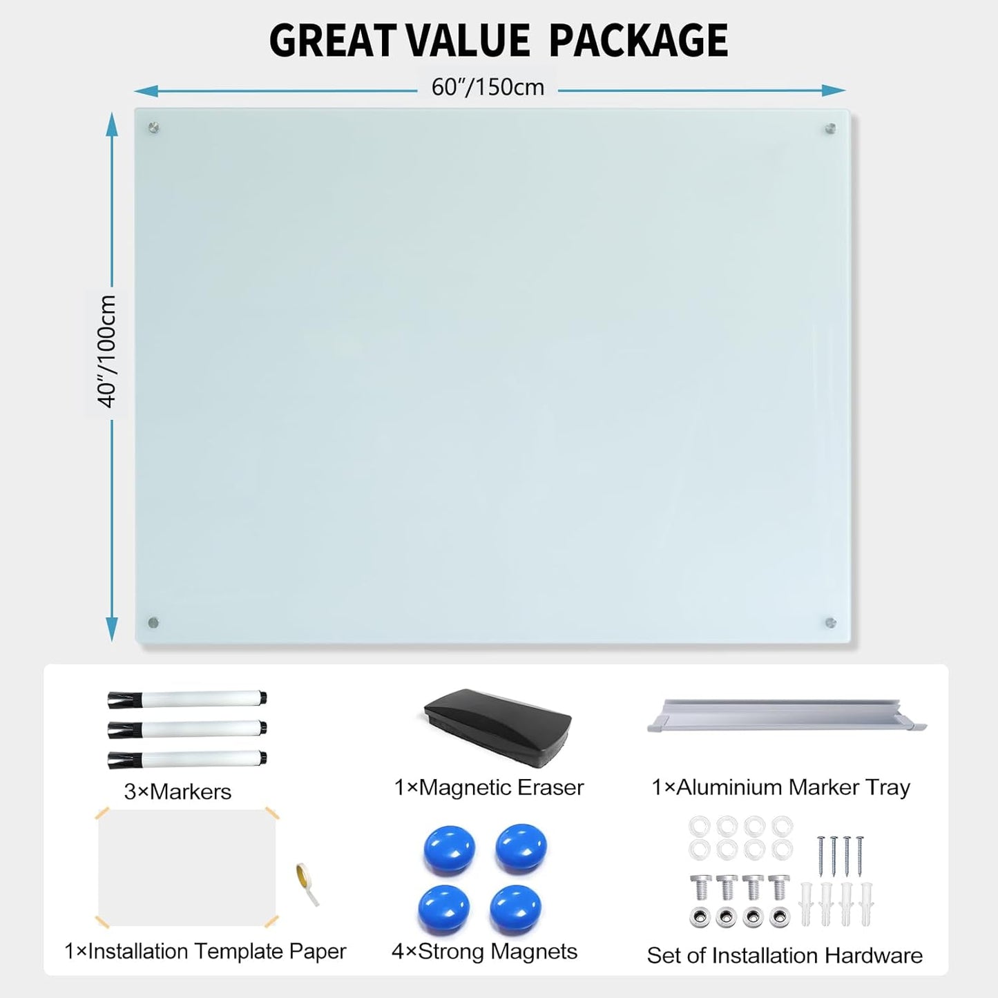 Magnetic Whiteboard Glass Writeboard 40"x60" Tempered Glass Dry Erase Board Wall Mounted Frameless Glass Whiteboard Writing GlassBoard for Office School Home (White)
