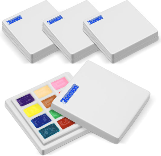 Honoson 4 Pack 12 Wells Ceramic Palette with Covers Pure White Porcelain Painting Palette for Watercolor Gouache Color Painting Mixing Tray for Artists Professionals Students Hobby Crafts