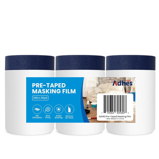 ADHES Painters Plastic with Tape, 24 inch x 90 feet x 3 Rolls Painters Tape with Plastic Attached, Pre Taped Masking Film Tape and Drape for Automotive Painting Covering