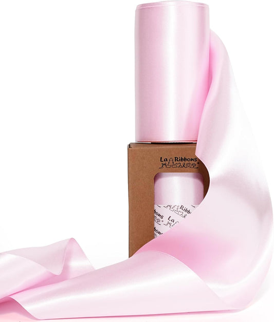 LaRibbons Light Pink Satin Ribbon 4 Inch 10 Yards Double Faced Luxury Light Pink Silk Ribbon for Gift Wrapping Flower Bouquets Bow Christmas Wedding Party Decoration