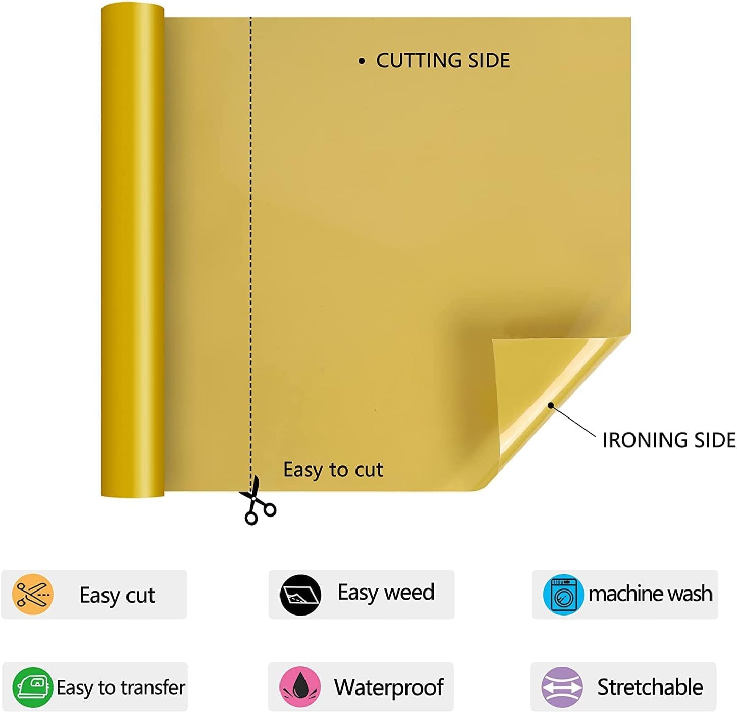 HTV Iron on Vinyl 12 Inch by 25ft Roll - Heat Transfer for T-Shirt, Easy to Cut & Weed for All Cutter Machines (Golden)