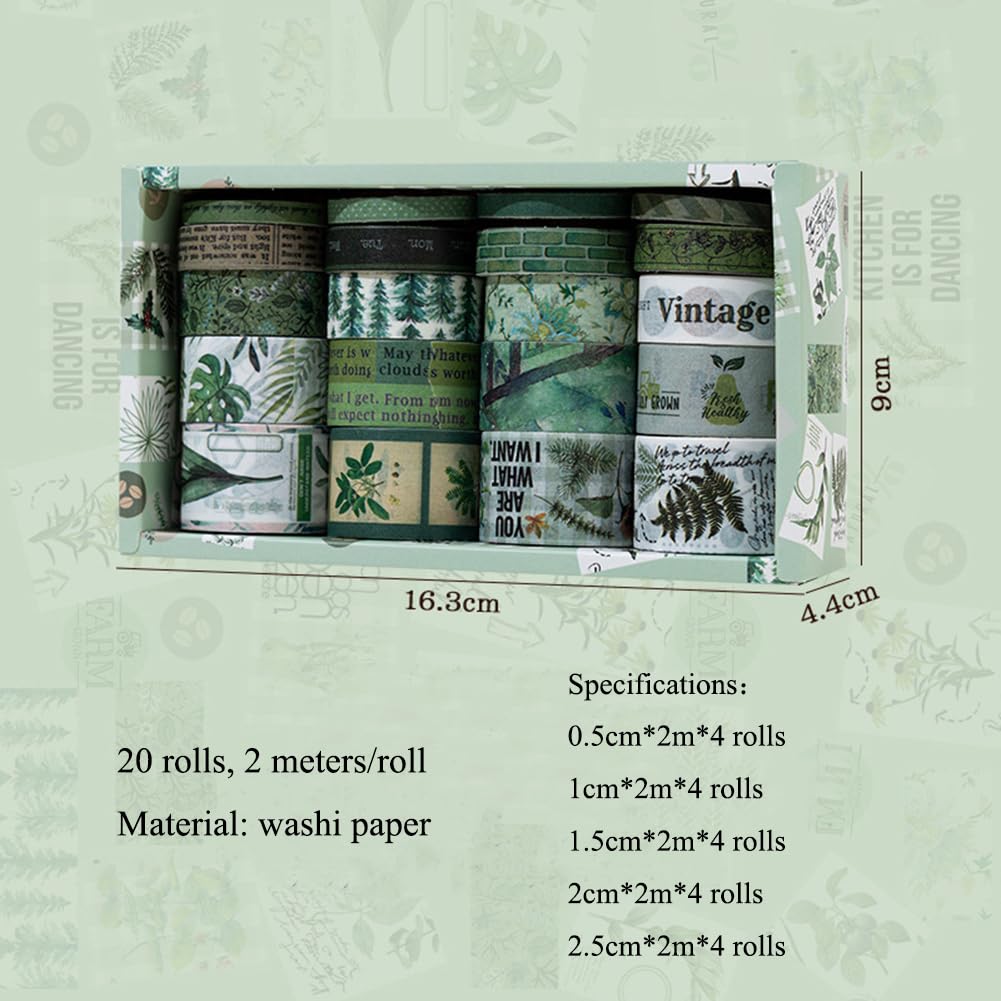 MAFELOE Decorative Vintage Washi Tapes Set 20 Rolls 2 Meters Long, Adhesive Scrapbook Junk Journaling Art Craft Collage Supplies-Forest Dream Series-Green (WT-M4-SLMJ)