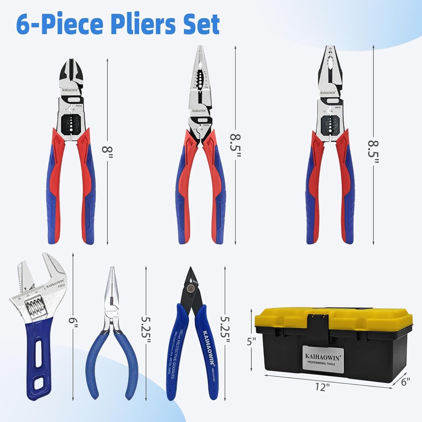 KAIHAOWIN 6-Piece Tool Set with Case, 8.8” Long Nose, 8.8” Linesman, 8” Diagonal, 6“ Adjustable Wrench, 5” Needle Nose, 5" Flush Cutter for Repairing & Home Use