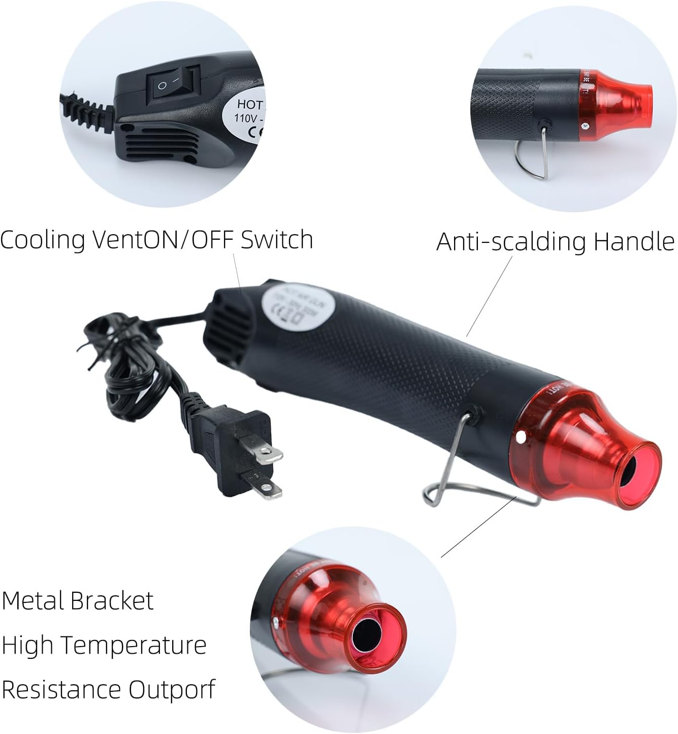 Heat Gun for Crafting, 110V 300W Handed Hot Air Gun, 3.28FT Ultra-Long Cable Portable Heat Gun with Stand and Power Cord for Shrinking Wrapping PVC, DIY Embossing and Drying Paint (Black)