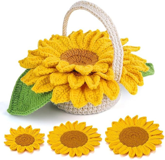 Beginner Crochet Kits, 5-Piece Sunflower Coaster Set, Plant Crochet kit, Adult Crochet Beginner Kits, with Step by Step Guide Video, Sunflower Crochet Material Tool