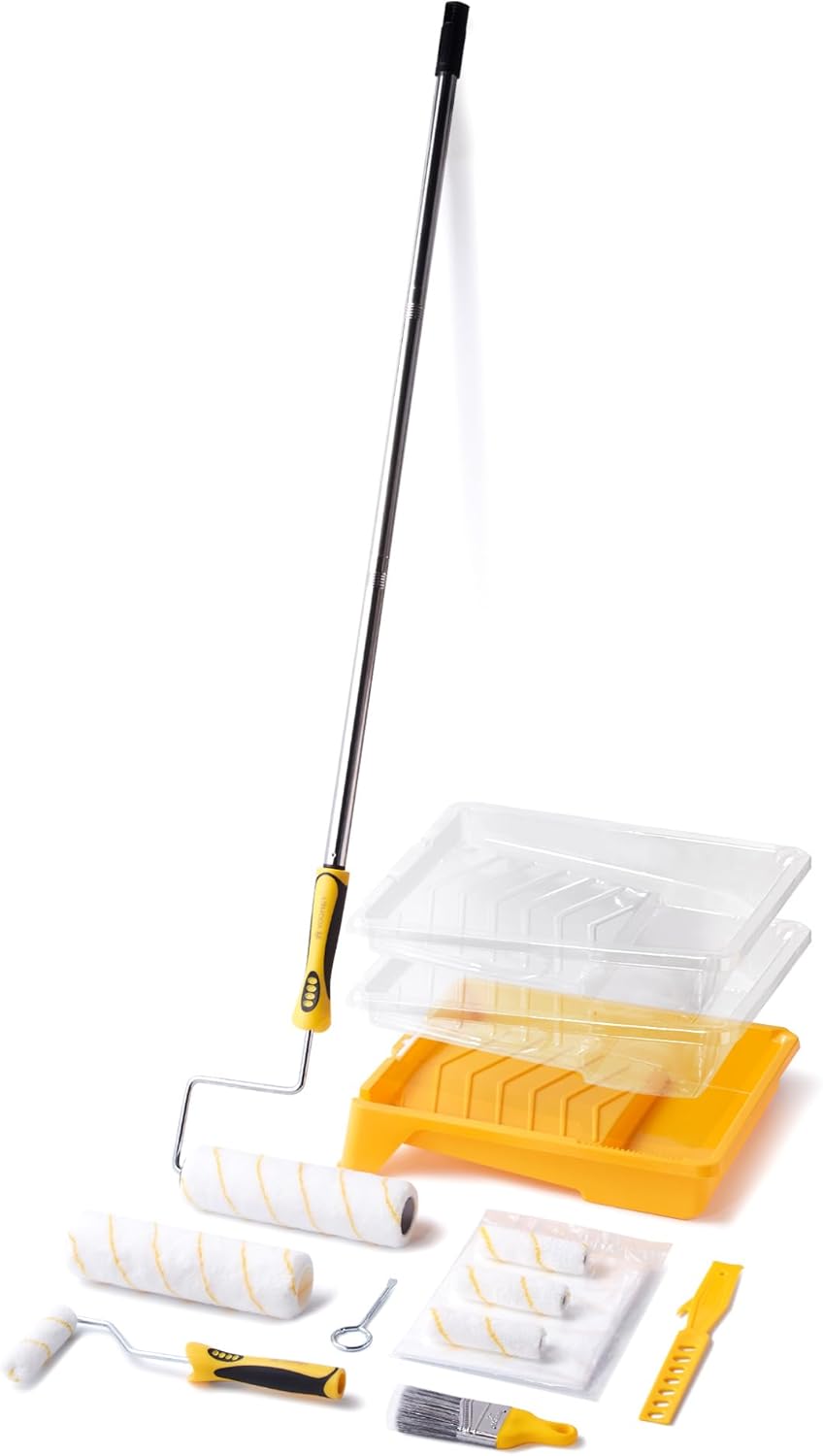 VOOMEY Paint Roller Kit with Extension Pole - 9 Inch Paint Roller with Tray, Mini Paint Roller 4 inch, Small Paint Brush, 16 Piece Complete Painting Tool Set Suitable for House & Wall Painting
