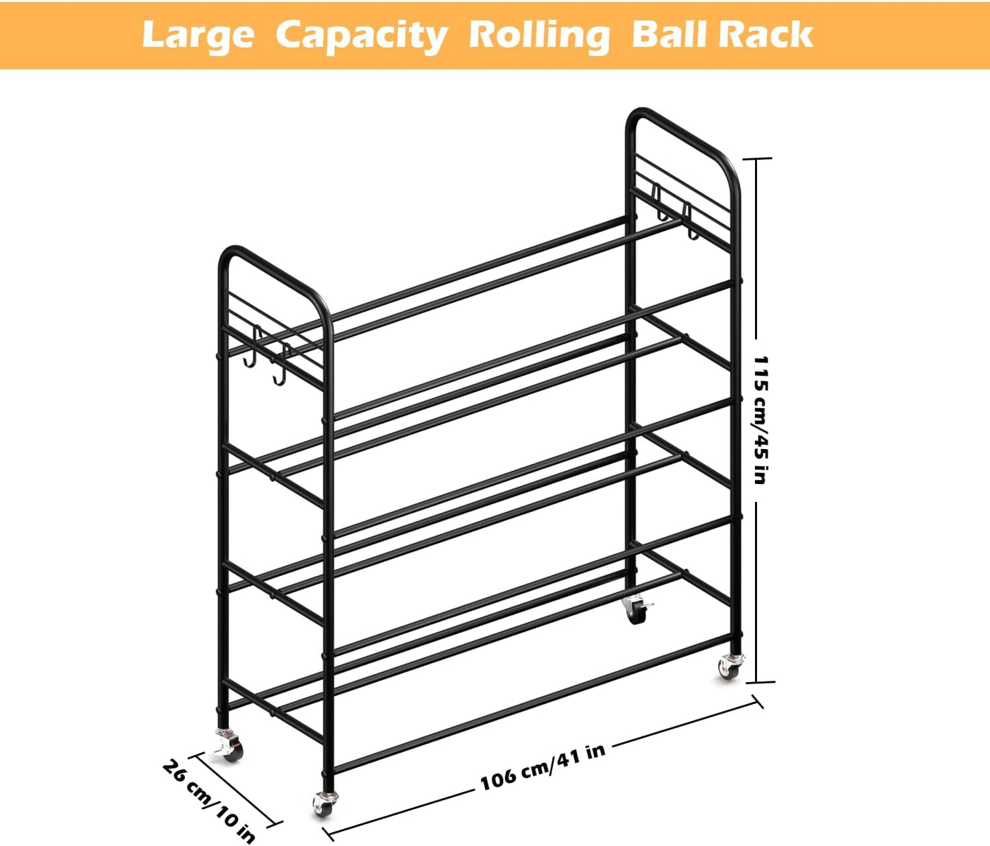 Ball Storage - 22.83" Basketball Cart With Wheels Garage Volleyball Storage Sport Equipment Holder Organizer For Indoor Outdoor,Metal Storage Rack For Playgroup,Gym And School