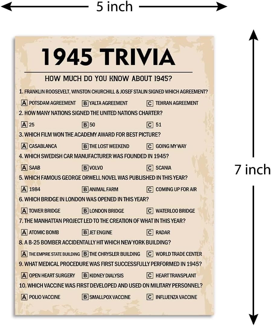 80th Birthday Party Games, 1945 Trivia Games, Birthday Party Supplies for Adults, Fun 1945s Party Game，Pack of 30 Cards