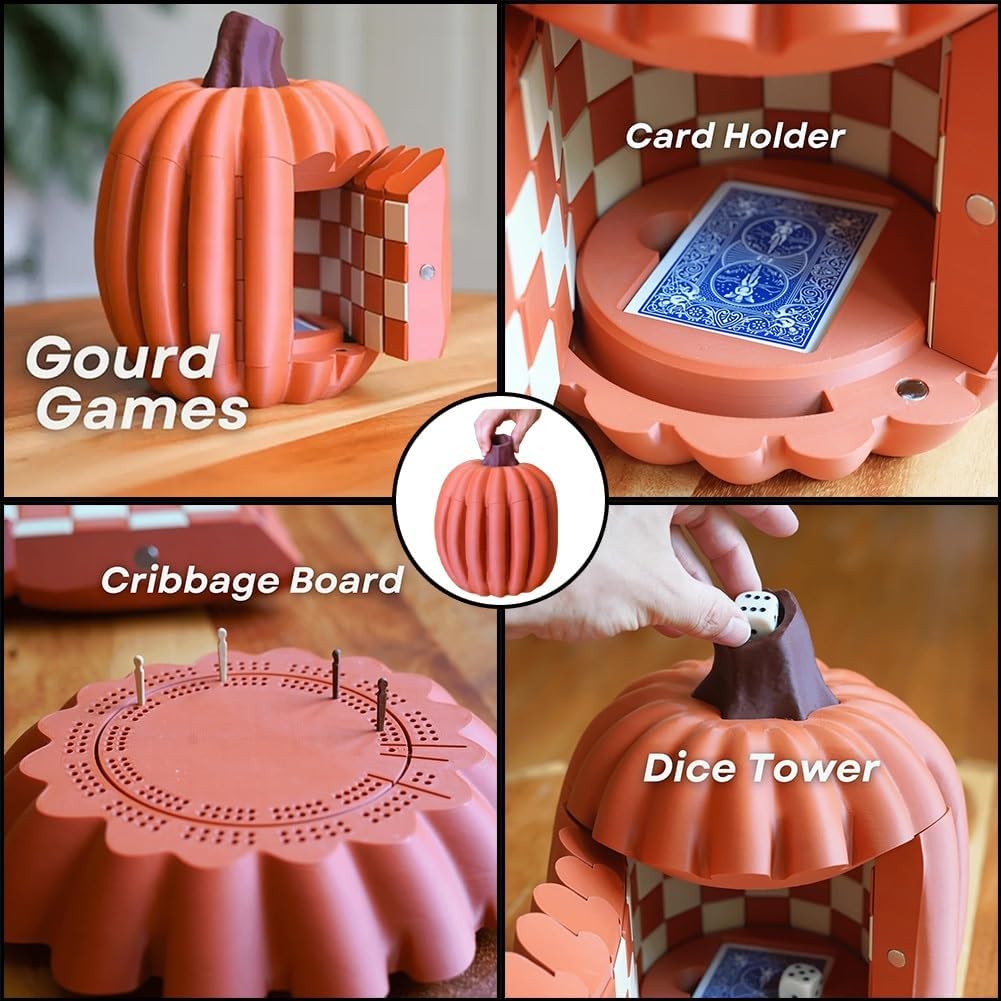 Forgecore Gourd Games, Pumpkin Game Set: Magnetic Chess Checkers, Dice Tower, Cribbage, Card Holder, Gourd Gambit Pumpkin Chess Expansion Pack, 3D Printing Portable Adult Pumpkins Board Game Set(2#2)