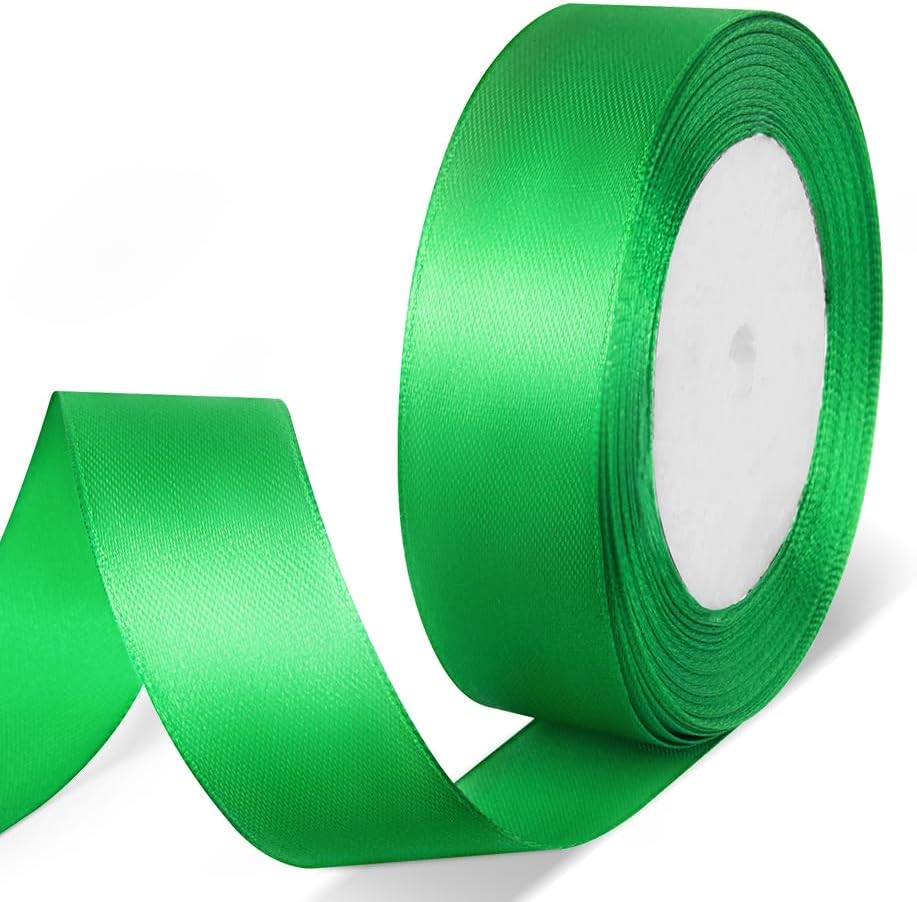 1" x 25 Yards Satin Ribbon, Green Silk Ribbon Ideal for Gift Wrapping, Floral Bouquets, Crafts, Wedding Party Decorations, Christmas and Sewing Projects