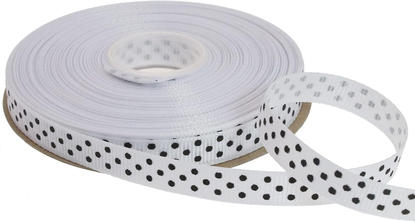 Polka Dot Grosgrain Ribbon 25 Yard Each Roll 100% Polyester (3/8", White)