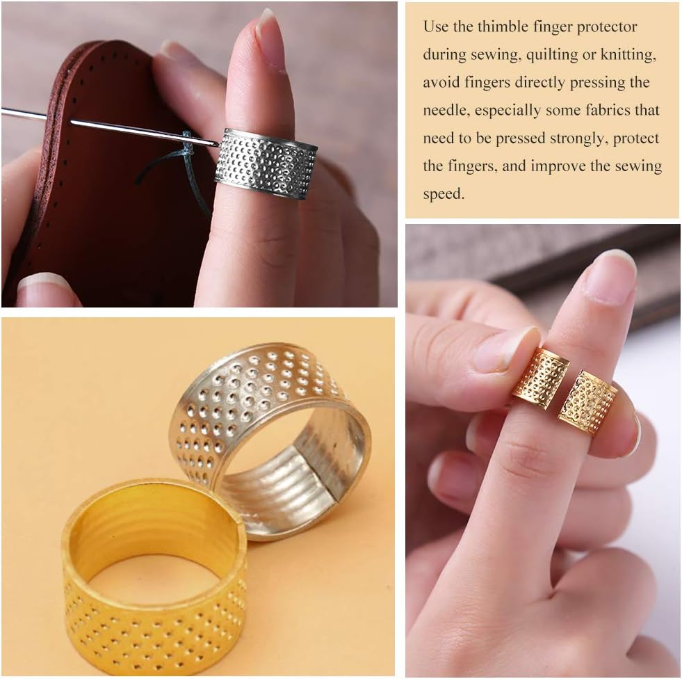 8 Pcs Thimble + 30 Pcs Sewing Needles, Finger Protector Fingertip Adjustable Metal Bronze Rings and Leather Coin Thimble for Needlework, Hand Embroidery Craft