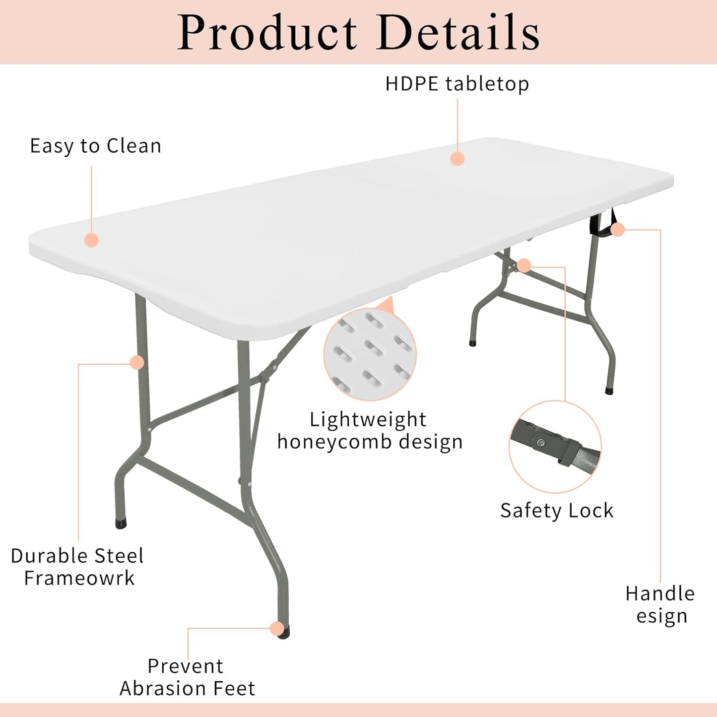 Folding Tables with Carrying Handle Heavy Duty Rectangular Portable Plastic Camping Table Steel Legs for Party, Dining, Wedding, Events, Picnic Indoor, Outdoor (8FT, White)