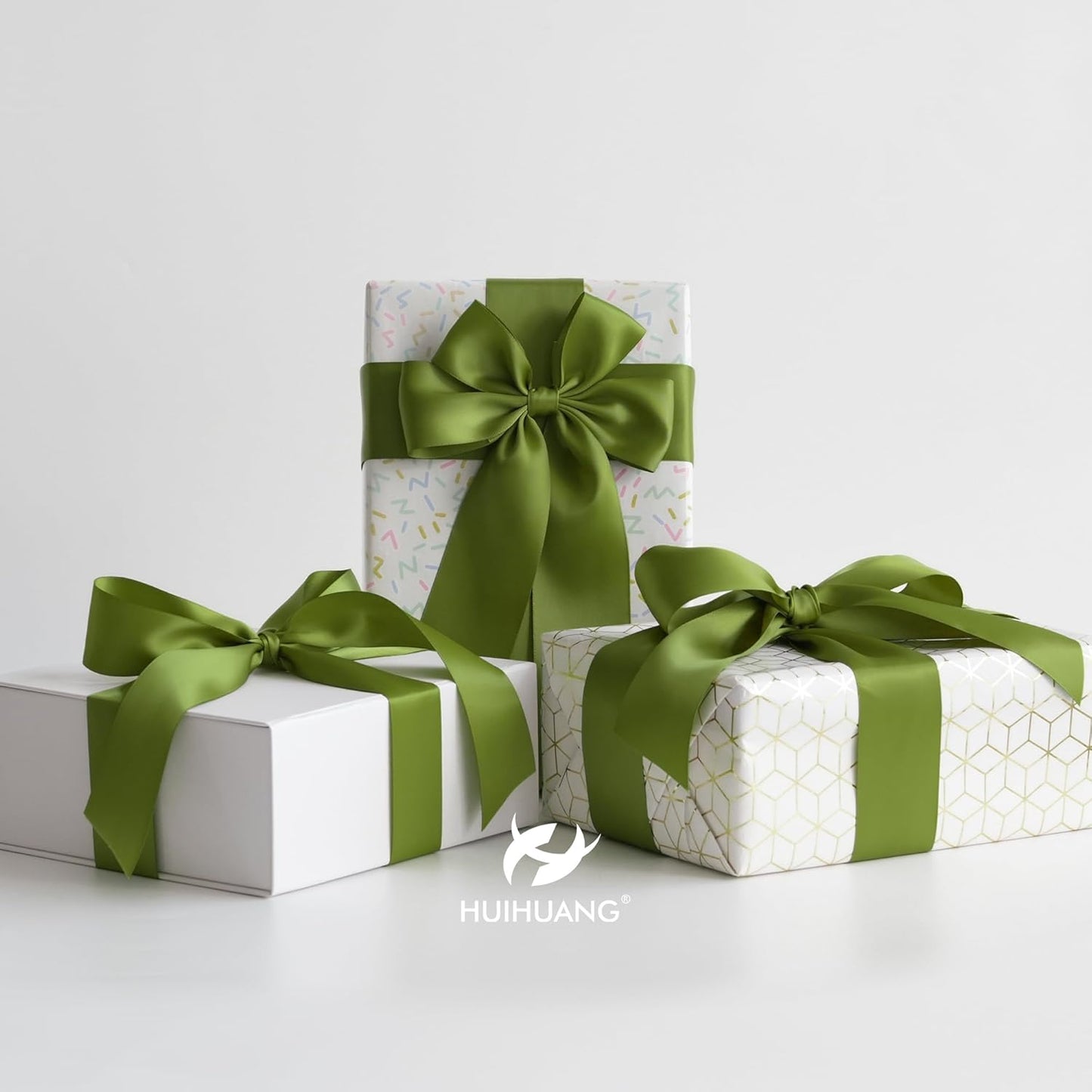 HUIHUANG Olive Green Ribbon 2 inch Wide Double Faced Satin Ribbon Green Ribbon for Gift Wrapping, Bows Making, Flower Bouquet, DIY Crafts, Bridal Shower, Holiday Party Decor -25 Yards/Roll