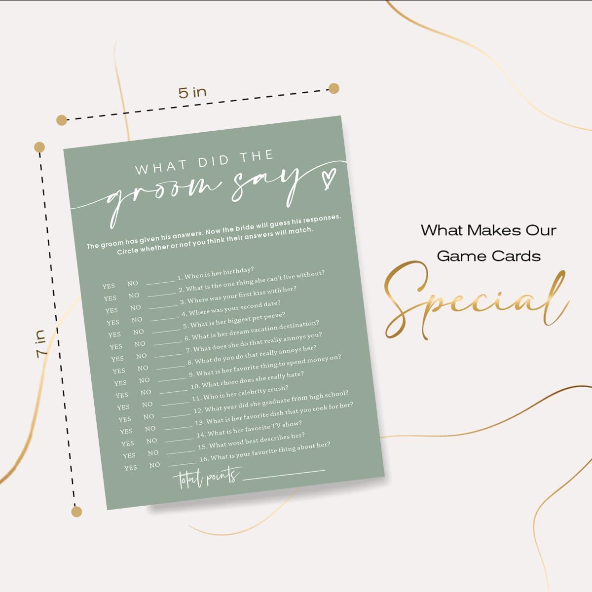 Bridal Shower Games Cards & What Did the Groom Say - 25 Guest Engagement Party Wedding Games - Minimalist Green Wedding Party Supplies - C12